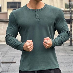 Camisetas masculinas de manga comprida para homens esportam uma tampa de fitness de pescoço O-deco