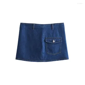 Skirts YENKYE Women Safari Style Blue Denim Mini Skirt Vintage High Waist Back Zipper Female Pocket