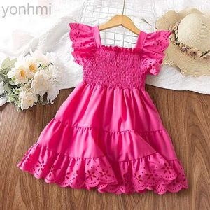 Abiti da ragazza 2024 Abito estivo bambina Nuova ragazza Abbigliamento maniche arruffato Principessa Birthday Rose Red Smocked Kids Billy Dress D240419