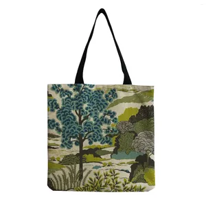 Bolsa de estilo rural floresta de montanha árvore impressa tote grande handbag de alta capacidade feminino reutilizável comprador verde padrão personalizado