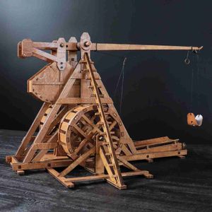 3D Puzzles Yaqumw Mini przeciwwagi Trebuchet z kółkami Europa Medieval Siege Chariot Catapult 3D Wooden Puzzles Model Kits Desktop Toys 240419