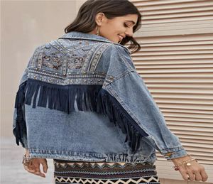 Dişi ceket püskül boncuklar punk batwing kol kadın039s denim ceket bayanlar gevşek vintage sokak kıyafeti kot ceket 2764313