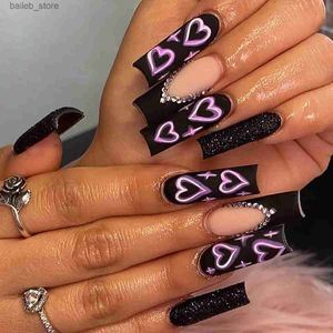 False Nails 24Pcs Coffin False Nails with Red Rhinestone Design Long Square Fake Nails Wearable French Press on Nails Full Cover Manicure Y240419