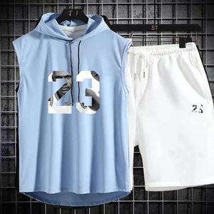 여름 남성 2 조각 세트 캐지 셔츠와 반바지 스포츠 정장 패션 짧은 슬리브 트랙 슈트 후드 셔츠 240412
