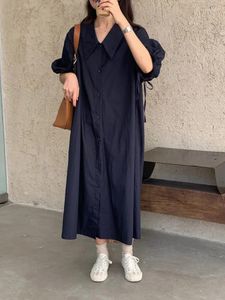 Casual Dresses Korean Chic Loose Vintage Navy Blue Long Shirt Dress Turndown Neck Maxi Women 2024 Autumn Clothes Streetwear(Mg6092