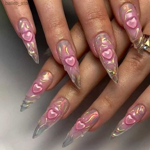 False Nails 24pcs 3D Pink Love Fake Nail Patch Long Pointed False Nail Full Cover Wearable Shiny Pink Fashion Press on Nails Tips for Women Y240419