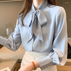 Kvinnors blusar Solid Color Fited Stand Collar Bow Shirt Stand-up Bowknot