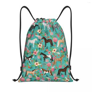 Einkaufstaschen Pferde Floral Drawess Rucksack Frauen Männer Fitnessstudio Sport Sackpack faltbare Pferderassen Farmtiere Haustiere Trainingstasche Sack