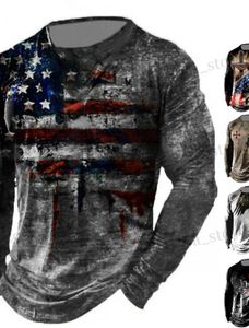 Herren-T-Shirts Vintage Herren Long Slve American Flag 3D Printed Outdoor Strt Long Slve Sport Fashion Long Slve lässig übergroße Top T240419