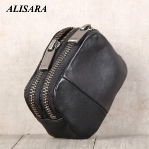 Ryggsäckar Alisara Double Zipper Coin Purses äkta läder mini myntpåse 100% cowhide män kvinnor små plånböcker kort hållare väska svart