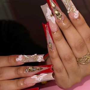 False Nails 24Pcs Wearable Coffin False Nails Gradient French Press on Nails Long Ballet Square Fake Nail Tips Acrylic Full Cover Manicure Y240419