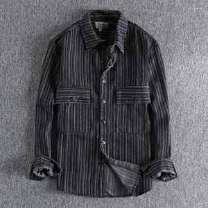Camisas casuais masculinas Retro Trend Trend tinge a camisa de jeans listrada de textura grossa etono e de inverno, casaco