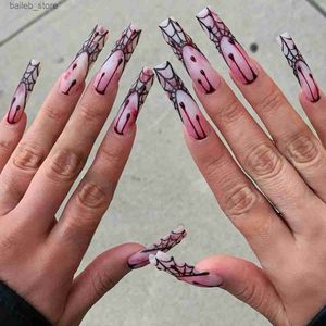 False Nails 24pcs Spider Blood Pattern Fute Nails Halloween Party Press on Nails for Girl Women Weable Halloween Manicure Art Supplies Y240419