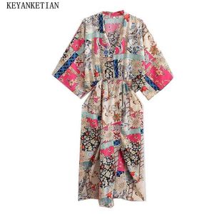 Etniska kläder Keyanketian Ny lansering National Flower Print Womens Batwing Sleeve Dress Holiday Wind V-Neck Elastic Midje x Midi kjol D240419