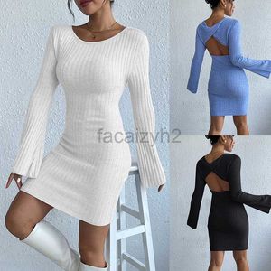 Basic Casual Dresses Designer Dress Women's sexy backless solid color long woolen dress with flared sleeves temperament tight knit dress