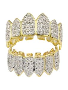 الهيب هوب المثلجة خارج CZ Gold Teeth Grillz Caps أعلى أسفل الأسنان الماس Grillzs مجموعة الرجال شواء 6047861