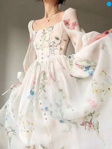 Casual Dresses French Elegant Floral Midi Dress Chiffon Long Sleeve Evening Party Dress Woman Beach Fairy Dress Korean 2024 Summer Designer 820