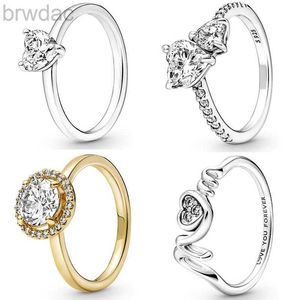 Solitaire Ring orijinal anne Pave Çift Kalp Solitaire Yuvarlak Halo Kristal Ring Fit 925 Sterling Gümüş Yüzük Avrupa DIY Takı D240419