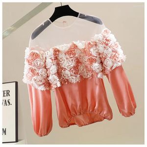 Women's Blouses 2024 Design 3D Flowers Roses Blouse Women Mesh Patchwork Transparent Shoulder Lantern Sleeve Top For Silk Like 43913