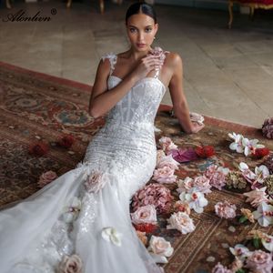 2024 Abito da sposa sirena di ricami chic ricami con cinghie di spaghetti senza maniche perle 3d fiorisce da sposa abiti da sposa con illusione