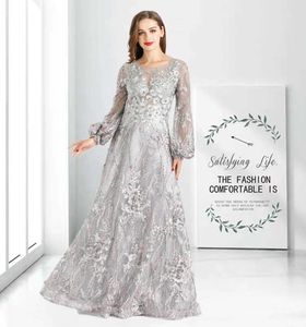 Partykleider muslimische Abendkleid grau Luxus Langarm 2024 Dubai Paillette für Frauen Hochzeit Prom HO1069