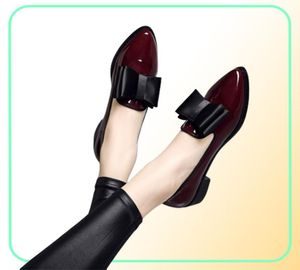 Shoes Women Pumps Fashion Bowknot Shiny Patent Leather Block Chunky Low Heels Single Woman Pointed Toe Zapato Mujer5585920