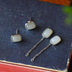 Dangle Küpeler Doğal Hetian Yeşim Beyaz Square Ear Stud S925 Sterling Gümüş Mizaç Yumurta Erişte Çin Stili Gelenek