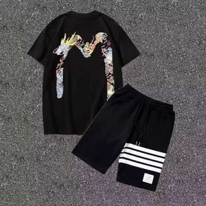 Fushen Carp Jumping Dragon Gate Big M T-Shirt For Men And Women's Summer Instagram Trendy Loose Top+Four Bar Shorts Set 910879