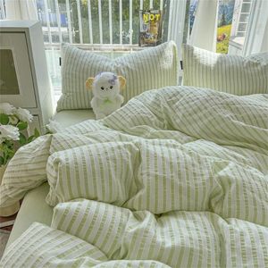 Bedding Sets Green Stripe Style Duvet Cover With Bedsheet Pillowcase Soft Bed Linen Skin-friendly INS Seersucker Set For Boys Girls