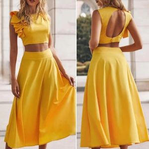 Vestido longo de verão Mulheres de duas peças definidas Tops sexy e terno de saia amarela Boho Off ombro Vestido de Mujer 240417