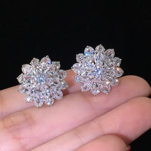 Summer Beach Moissanite Flower örhängen för kvinnor 925 Sterling Silver Double Shining CZ Zircon Diamond Stud Earring Brincos Wedding Party Gifts