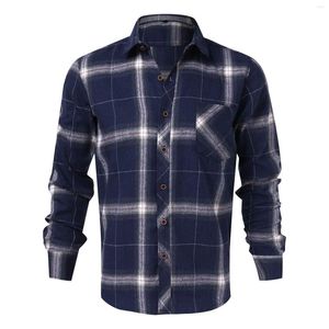 Men's Casual Shirts Mens Spring And Autumn Leisure Business Plaid Brushed Pocket Button Long Sleeve Shirt L-5XL