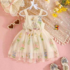 Girl's Dresses New Girls Embroidery Floral Dress Sweet Summer Dress 2024 Fashion Princess Suspenders Fuffy Mesh Tutu Childrens Casual Clothes d240423