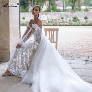 Bellissimi fiori 3d 3D fuori spalla maniche a soffio pieno sfonante sirena abito da sposa Appliques Appliques in pizzo Decathable Train 2 in 1 Trumpetta da sposa abiti da sposa