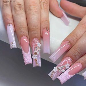 Ложные ногти 24 шт. Длинные балетные балеты False Nails Full Cover Fake Nails с розовым дизайном бабочки с розовым бабочком