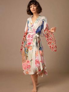 Basic Casual Dresses Beach Kimono for Women Peocock Printed Swimsuit Cover Up Self Belted Wrap Dresses Seaside Bathing Suits Beachwear 240419