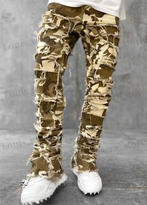 Herren Jeans neue europäische Camo Hosen Männer hoher Strt Slim Fit Stretch Patched Denim Ripped Männchen gestapelt Jeans T240419