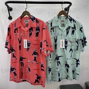 Camisas casuais masculinas verão nova camisa de praia wacko maria para homens hip hop rosa vermelho retrato completo harajuku solto short slve marley mesmo estilo t240419