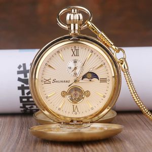 High Quality Gold Full Steel Snake FOB Chain Mechanical Pocket Watch Hand winding Antique Vintage Roman Clock Men Gifts box 240416