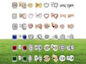 2019 New 100％925 Sterling Silver Earrings Signature Bow Square Drill Love Heart Ear Studs Charm Beads Fit Original DIY Dangler Gift Valentine5924881