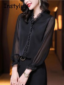 Eleganta kvinnor Chiffon Shirt Korean Blus Office Lace Mesh Långärmning Ruffles V Neckops Casual Vintage Pullovers Blusa 240412