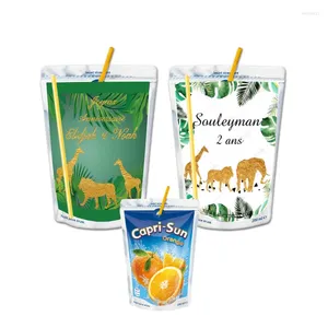 Party Supplies Custom Jungle Safari Animal Capri Sun Etiketter Vattentät personaliserat namn Juice Pouch Sticker Boy Birthday Decorations