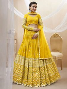 Ubranie etniczne żółte lehenga choli pakistańskie wesele ślubne Lengha impreza nosić kobiety