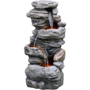 Garden Decorations 39.37 In. Outdoor Faux Stacked Stone 4-Tier Water Fountain With LED Lights And Pump Gray Supplies