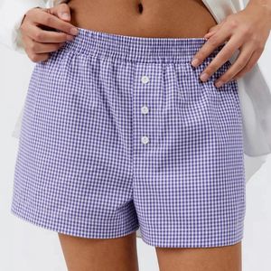 Kvinnors shorts y2k kvinnor vintage casual retro pyjama elastiska midja ränder rutiga sommar estetiska streetwear