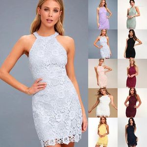 Sukienki swobodne seksowna koronkowa sukienka mini mini imprezowa sukienka 2024 bez rękawów O-Neck Niebieska czarna czerwono-bodycon suknia balowa elegancka krótka bal maturalna