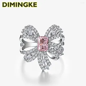 Anelli a grappolo Dimingke S925 Silver Pink Diamond Bowknot Ring per le donne Regalo per feste di nozze