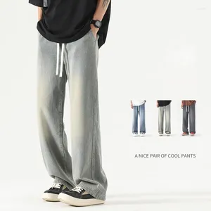 남자 청바지 2024 여름 얇은 헐렁한 탄성 허리 스트리트웨어 인국 패션 데님 넓은 다리 바지 남성 브랜드 의류
