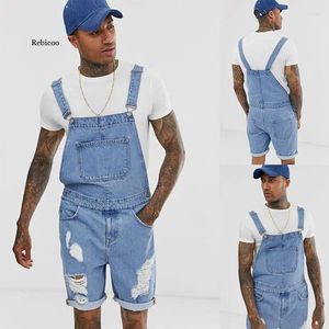 Men's Jeans Men Denim Shorts Summer Retro Hole One-Piece Workwear Strap Light Blue