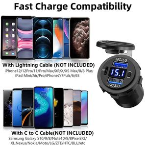 USB C CAR Charger Socket Dual QC 3.0 PD Quick Зарядка с розеткой с выключателем вольтметра для мотоцикла автомобильного грузовика 12-24 В